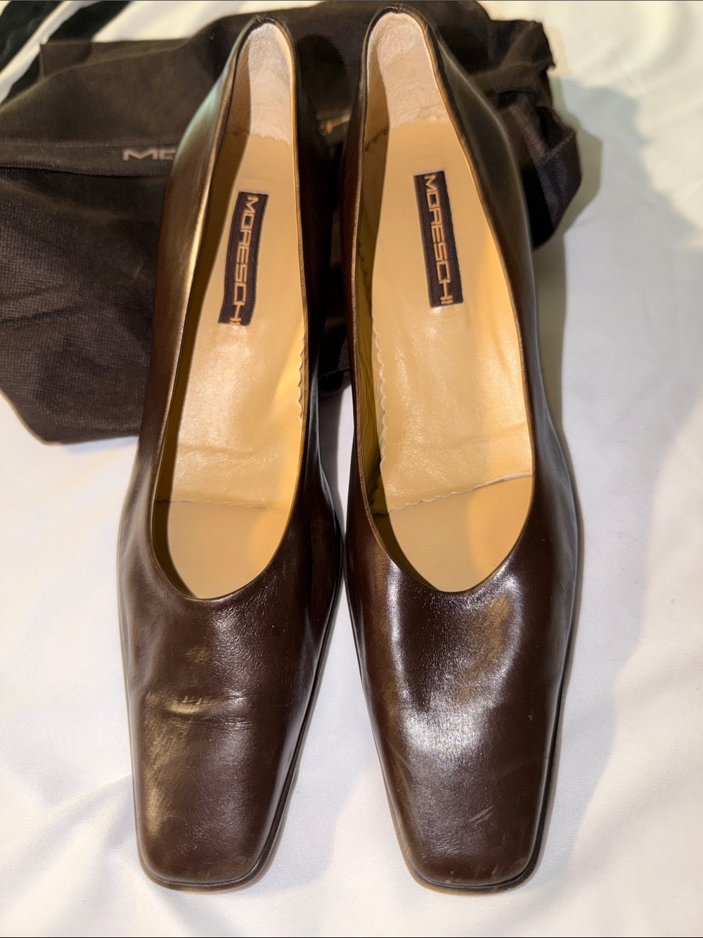 Moreschi Brown Leather Square-Toe Slip-On Heels